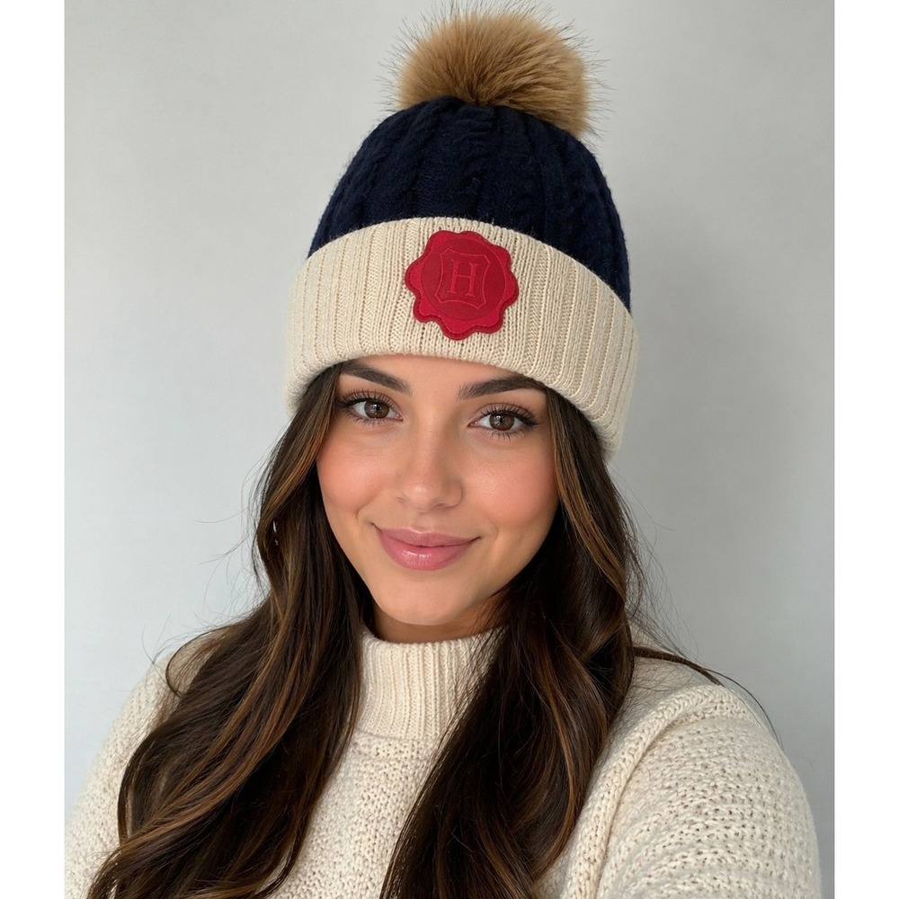 Hogwarts Pom Pom Beanie Navy‎ Cream Cable Knit winter Hat Harry Potter Wizzard